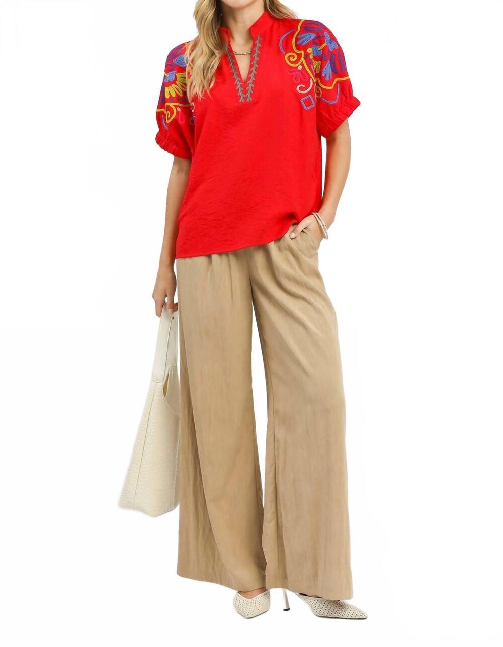NEW UMGEE v-neck emboidered puff sleeve top in red multi